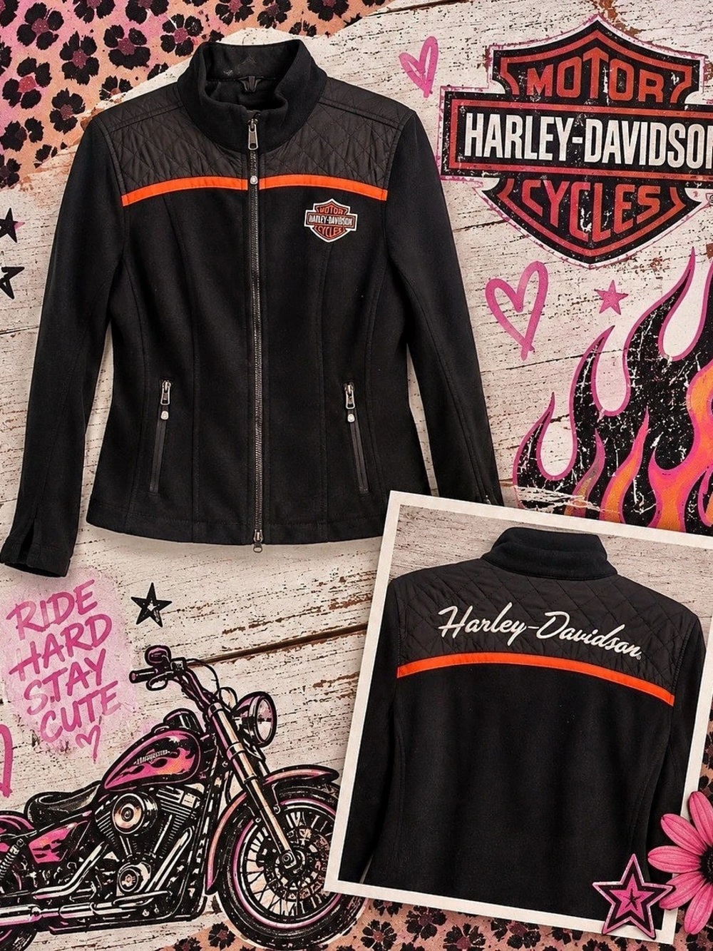 Harley-Davidson Women'Small Miss Enthusiast Fleece Casual Jacket Black & Orange